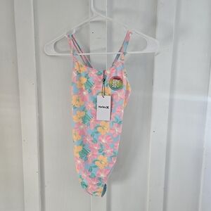NWT Hurley Girls' Asymmetrical One-Piece Swimsuit  Blue Ice Floral Girls Size 12